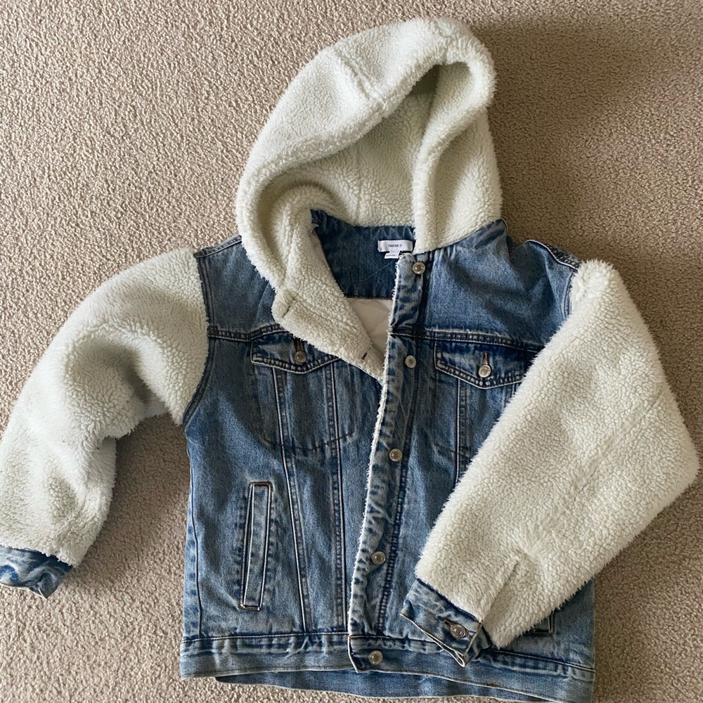 Forever 21 Blue Denim Jacket with Cream Sherpa Hood & Sleeves